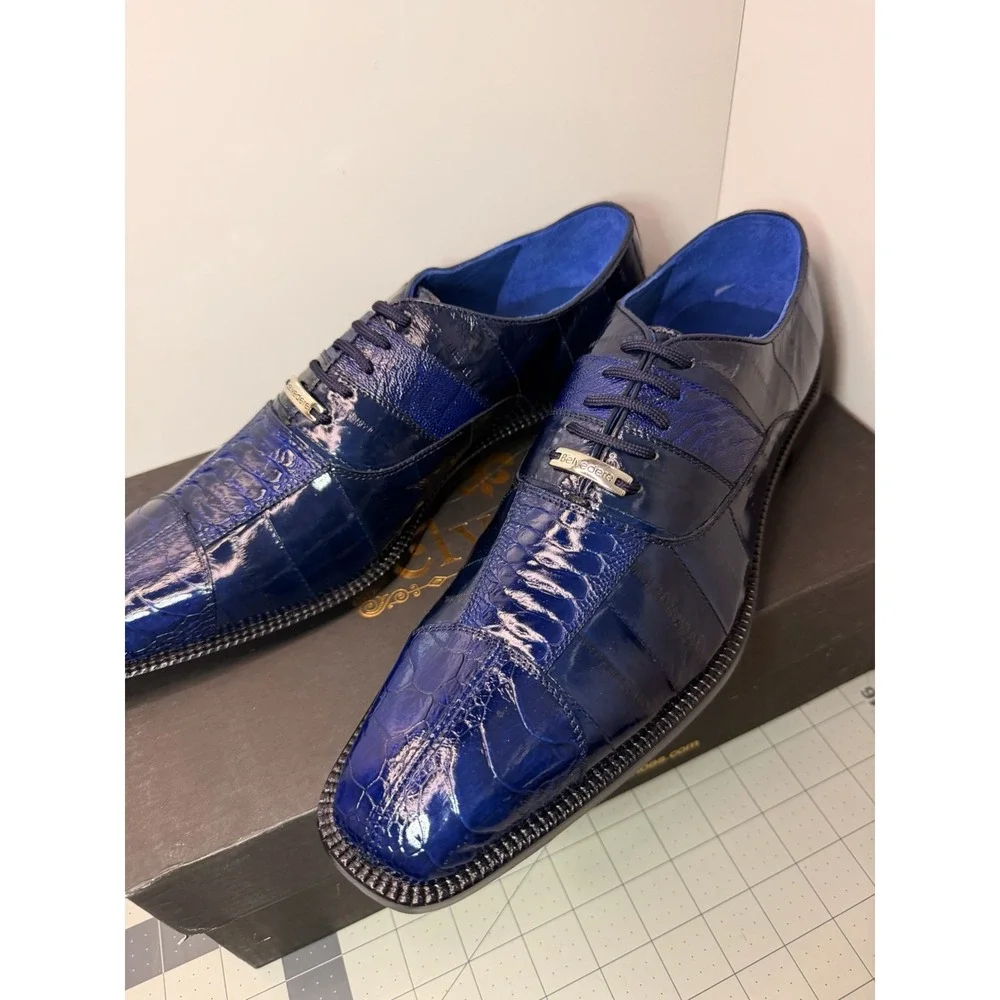 Men Belvedere Shoes Mare Genuine Ostrich Eel Leather Lace up Navy Blue